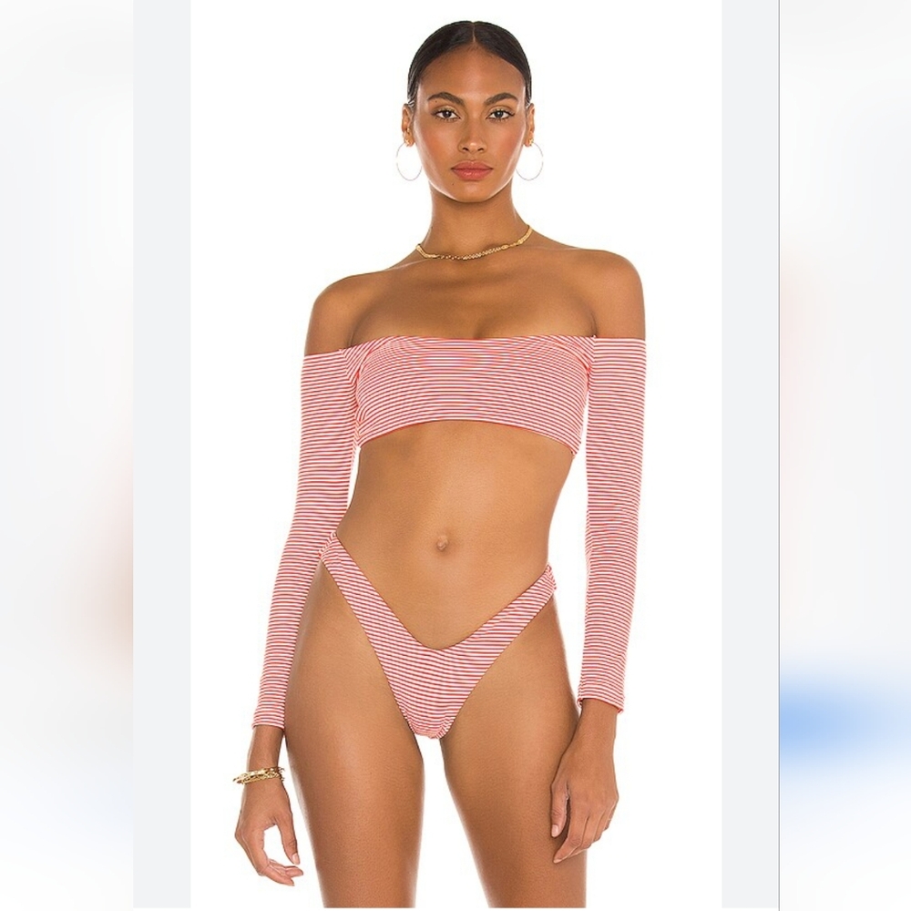Lovers And Friends Long Sleeve Red And White Striped Bikini Sz Medium NWT